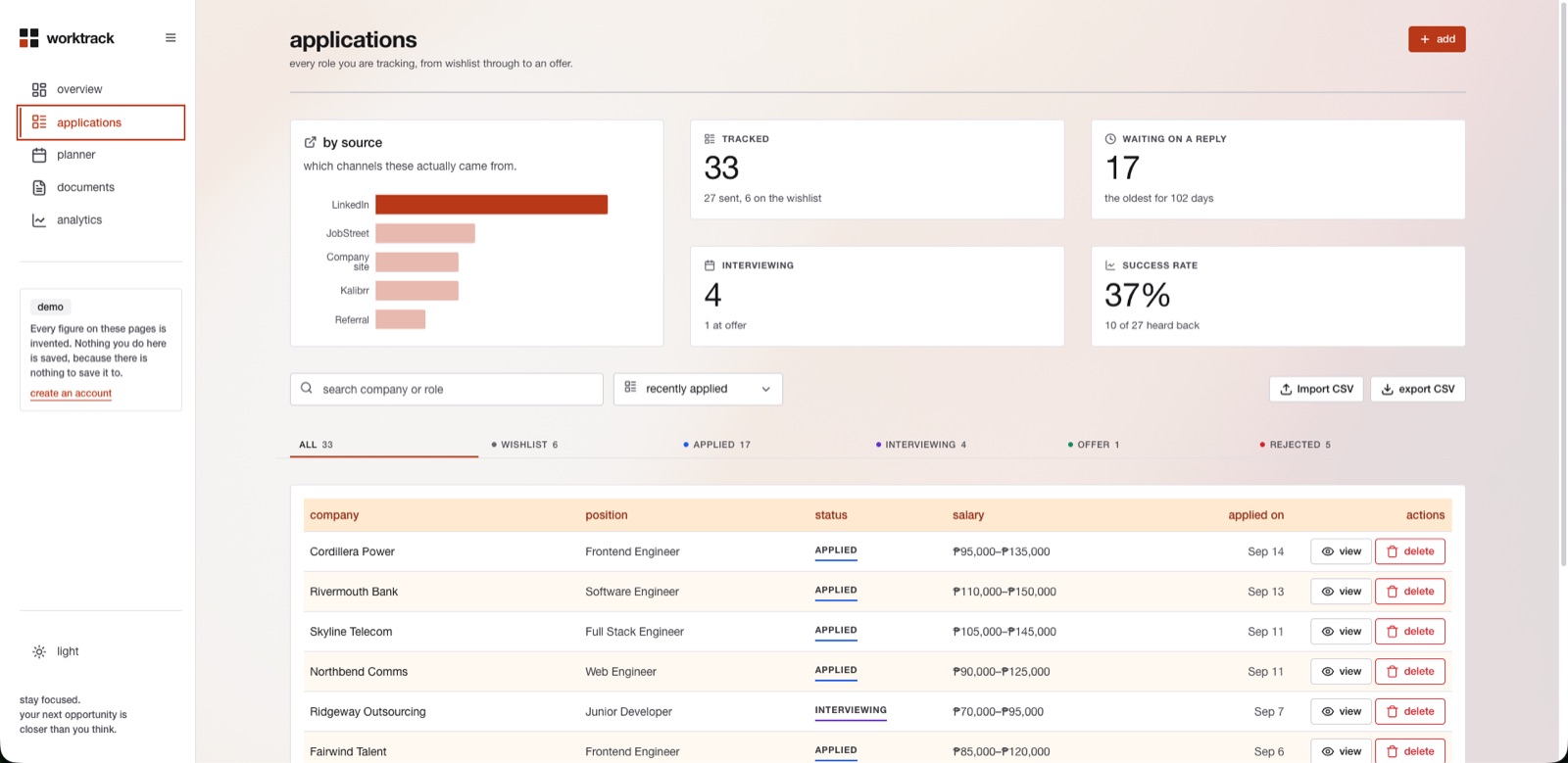 The applications screen, showing every role being tracked with its status.