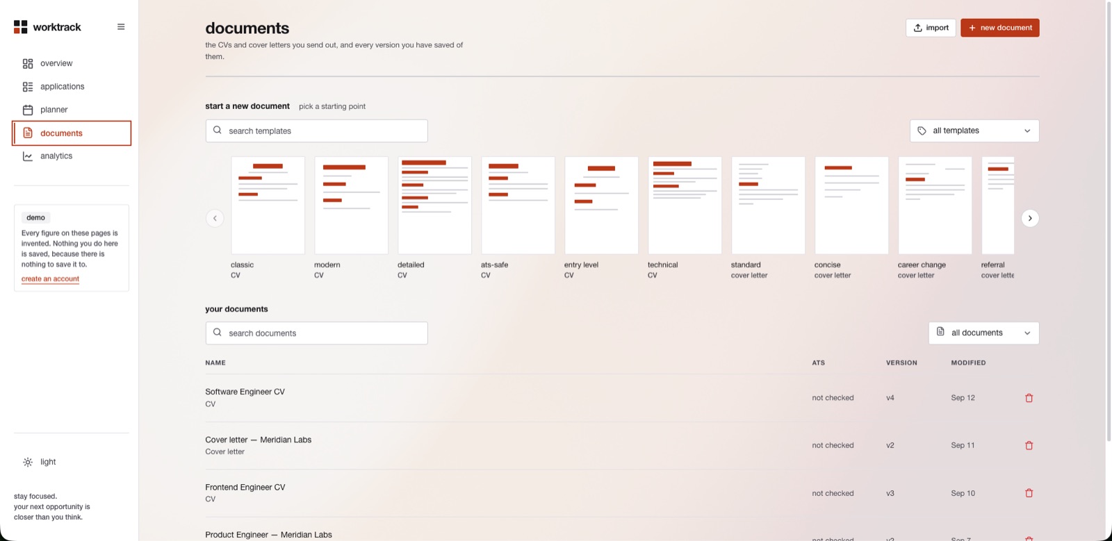The documents screen, showing saved CVs and cover letters with their versions.