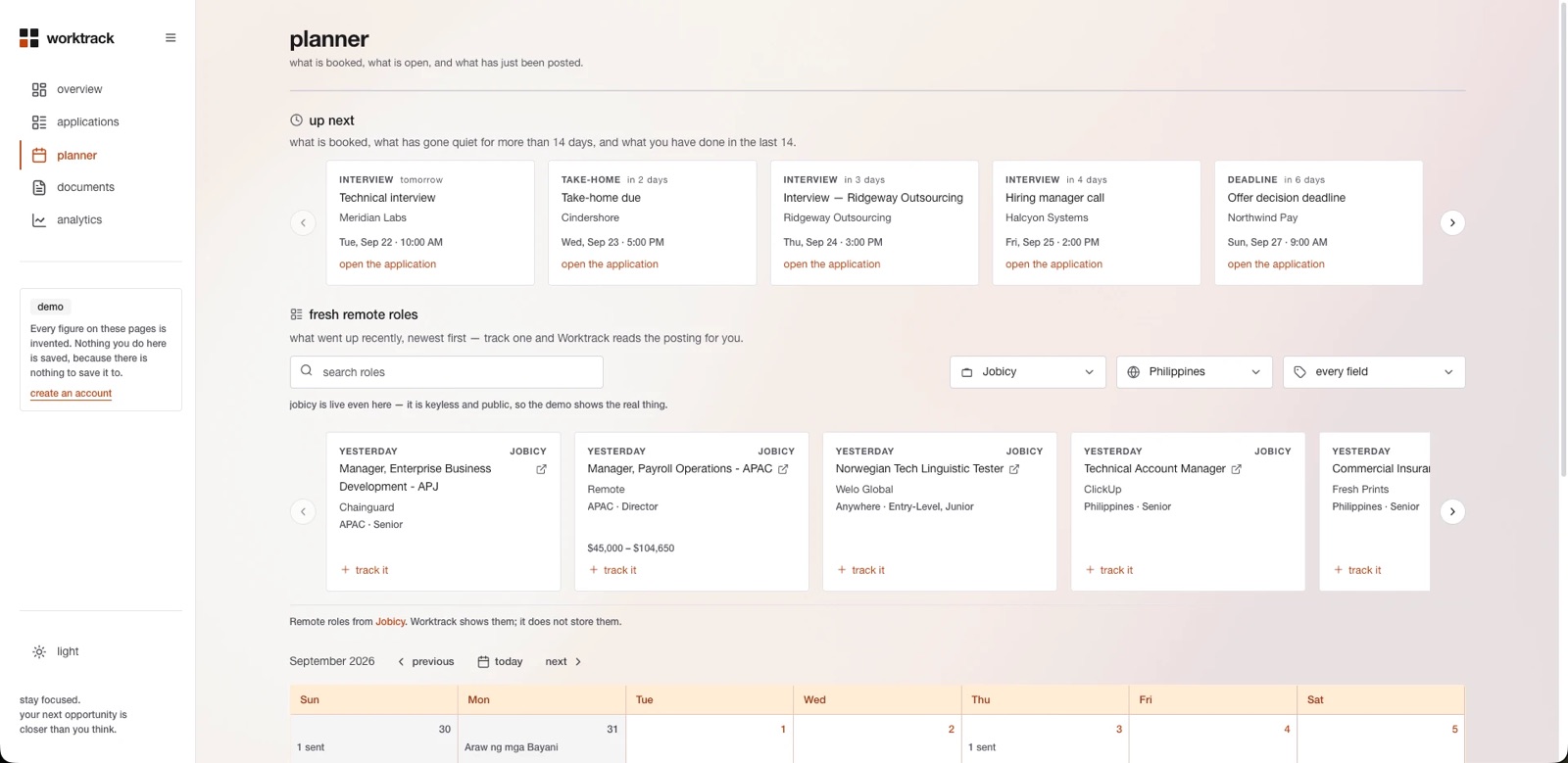 The planner screen, showing upcoming interviews and applications that have gone quiet.